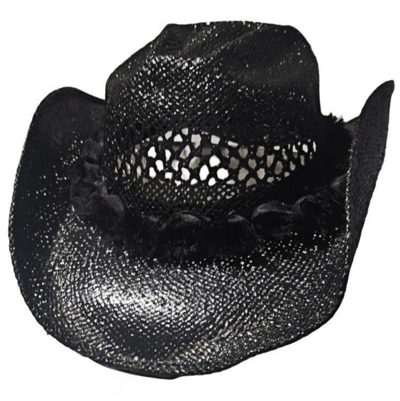 Handmade Accessories - Custom Upcycled Black Lacquered Rosette Straw Cowboy Hat Mexico 22"
